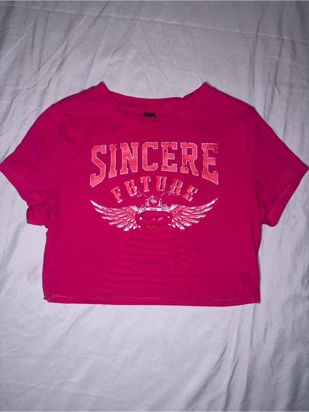 Pink Graphic 'SINCERE FUTURE' Crop Tee with Distressed Chest